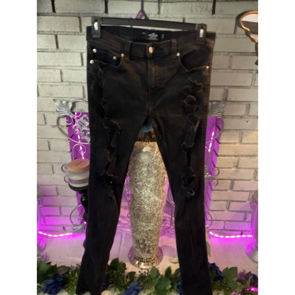 Hollister Mens Stacked Skinny Distressed Black Ripped Jeans 33x32 Advanced